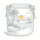 Glass jar with sunrise on ocean beach into it, with surf sunbed and tropical trees tattoo design idea