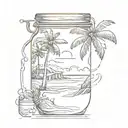 Glass jar with sunrise on ocean beach into it, with surf sunbed and tropical trees tattoo design idea