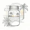 Glass jar with sunrise on ocean beach into it, with surf sunbed and tropical trees tattoo design idea