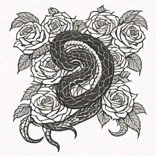 A snake intertwining with a knife through a bed of roses on the spine tattoo design idea