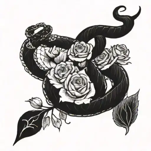 A snake intertwining with a knife through a bed of roses on the spine tattoo design idea