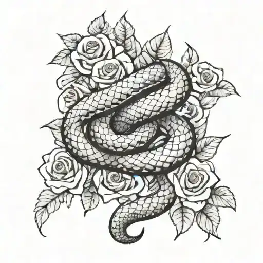 A snake intertwining with a knife through a bed of roses on the spine tattoo design idea