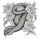 A snake intertwining with a knife through a bed of roses on the spine tattoo design idea