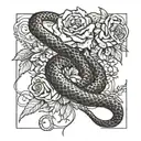 A snake intertwining with a knife through a bed of roses on the spine tattoo design idea