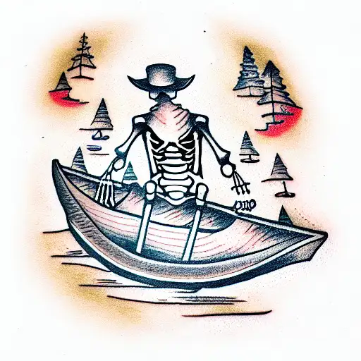 skeleton in canoe tattoo design idea