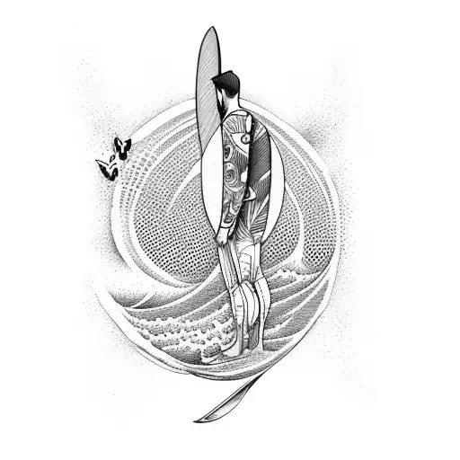 surfer on a wave with a butterfly tattoo design idea