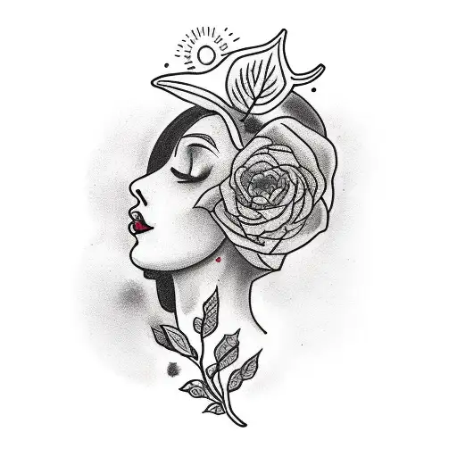 woman's portrait in profile looking up at the falling black leaves tattoo design idea