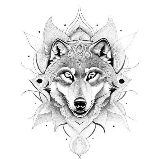 Lotus Flower with wolf tattoo design idea