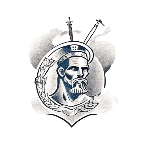 Depiction of a Greek pottery soldier in a victorious pose, holding a severed enemy head tattoo design idea