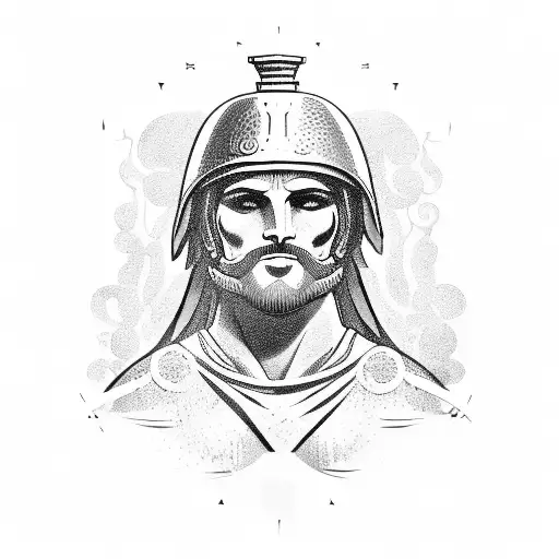 Depiction of a Greek pottery soldier in a victorious pose, holding a severed enemy head tattoo design idea