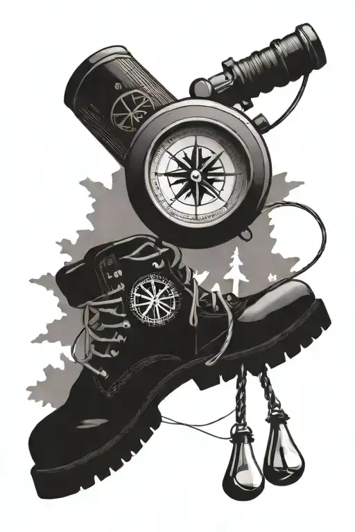 A black-grey tattoo of a compass rose surrounded by camping gear and hiking boots tattoo design idea