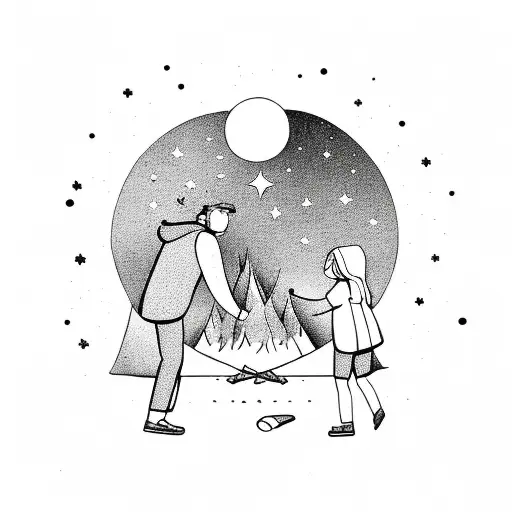 father and daughter holding hands and looking to the stars near the camping fire and tent tattoo design idea
