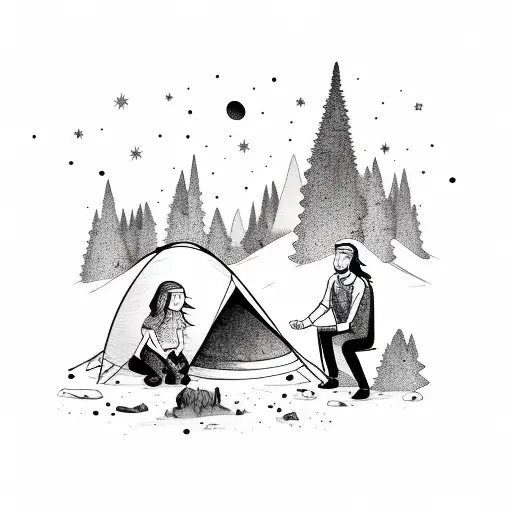 father and daughter holding hands and looking to the stars near the camping fire and tent tattoo design idea