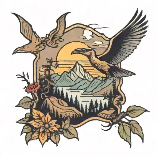 mountain hiking trail with pterodactyl flying  tattoo design idea