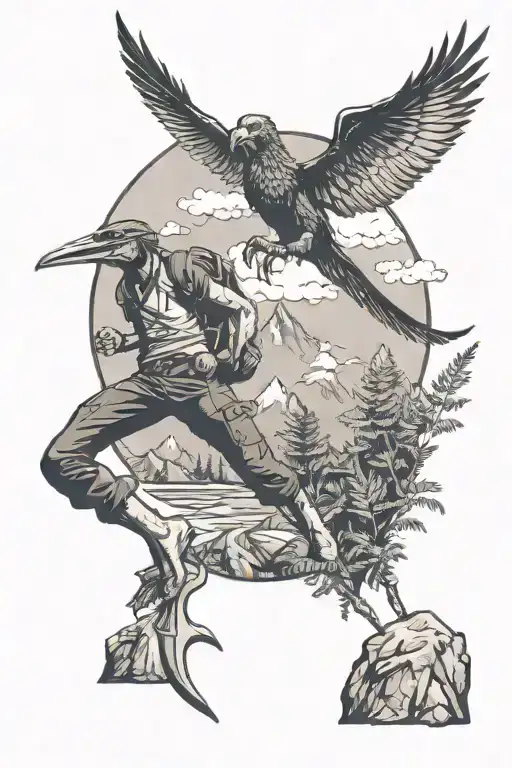 hiker climbing a mountain with pterodactyl flying and ferns tattoo design idea