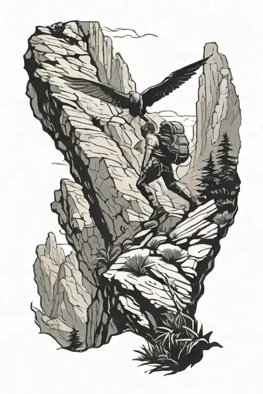 hiker climbing a mountain with pterodactyl flying tattoo design idea