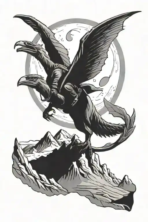 hiker climbing a mountain with pterodactyl flying in moonlight  tattoo design idea