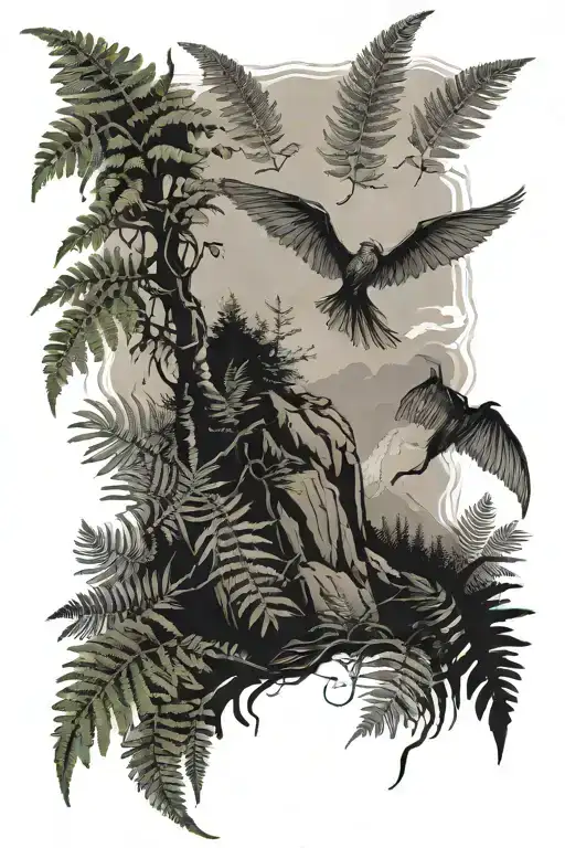 ferns with hiker climbing a mountain and pterodactyl flying tattoo design idea