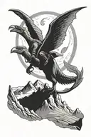hiker climbing a mountain with pterodactyl flying in moonlight  tattoo design idea