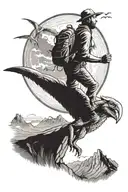 hiker climbing a mountain with pterodactyl flying in moonlight  tattoo design idea