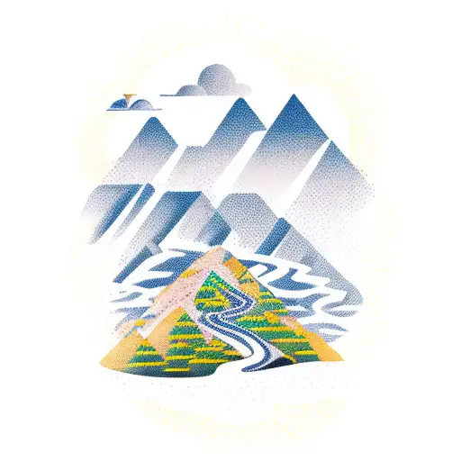 A trail winding through a mountain range with a runner in the foreground tattoo design idea