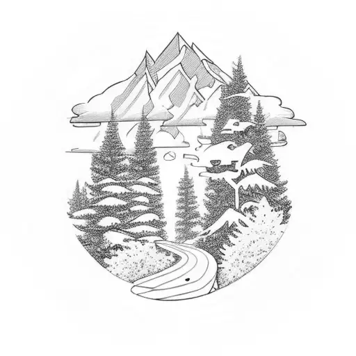A trail winding through a mountain range with a runner in the foreground tattoo design idea