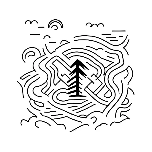 A trail winding through a mountain range with a runner in the foreground tattoo design idea
