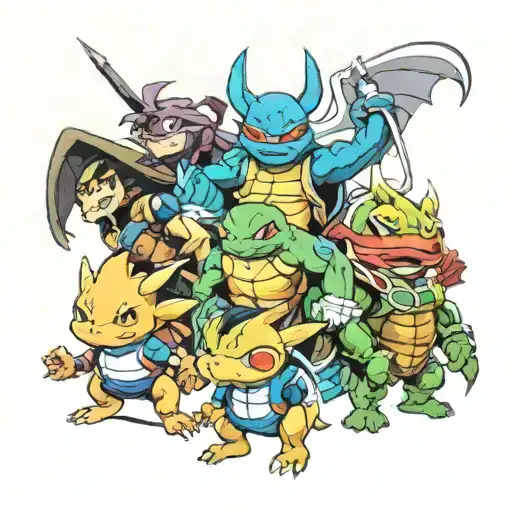 mix of several characters from the 90s like pokemon, dragon ball, knights of the zodiac, ninja turtles tattoo design idea
