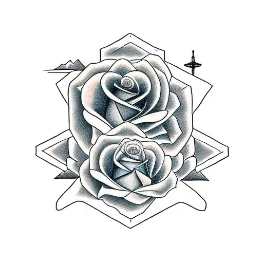 Rose with mountains and the coordinates 40.0380085 latitude north and -76.3044442 longitude west in color tattoo design idea