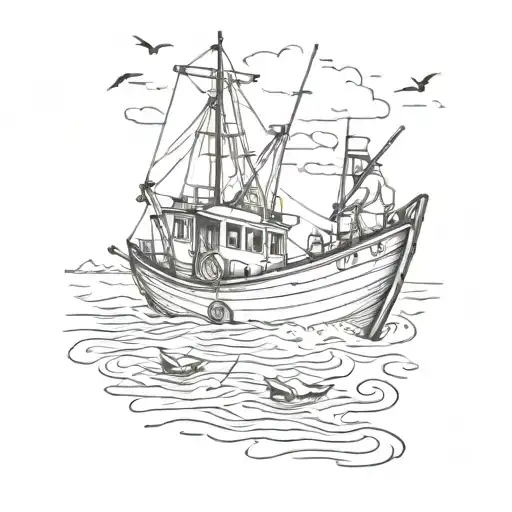 A black and white tattoo with a fishing boat with father and son, with a little note with the name of Irene tattoo design idea