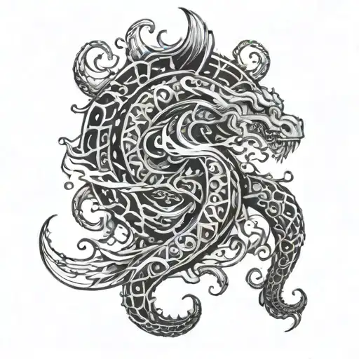 A mythical sea creature inspired by Poseidon's trident, with intricate details and patterns tattoo design idea