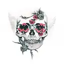  heaven, hell, angels, devils, skulls, roses, thorns, rosary beads, nebula, waterfall tattoo design idea