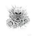  heaven, hell, angels, devils, skulls, roses, thorns, rosary beads, nebula, waterfall tattoo design idea
