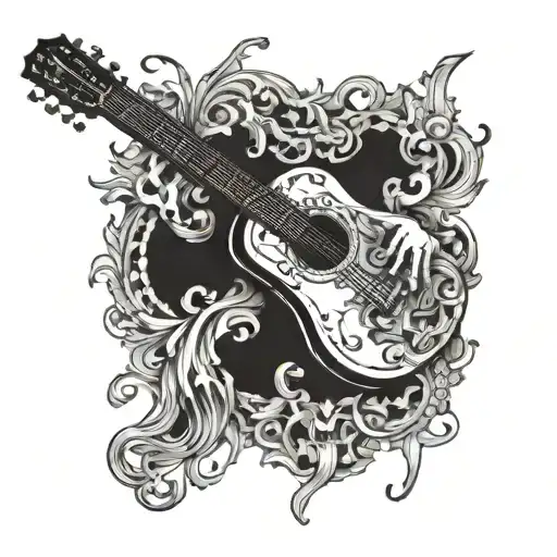 A skeletal hand holding a guitar, with intricate details inspired by renaissance art tattoo design idea