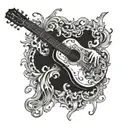 A skeletal hand holding a guitar, with intricate details inspired by renaissance art tattoo design idea