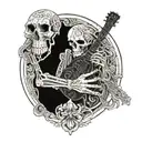 A skeletal hand holding a guitar, with intricate details inspired by renaissance art tattoo design idea