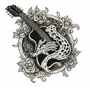 A skeletal hand holding a guitar, with intricate details inspired by renaissance art tattoo design idea
