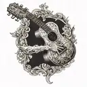 A skeletal hand holding a guitar, with intricate details inspired by renaissance art tattoo design idea