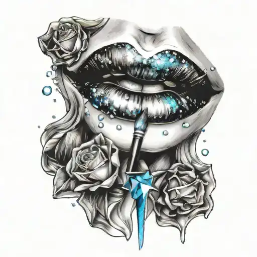 sexy lips, paintbrush in mouth, crystals and galaxy tattoo design idea