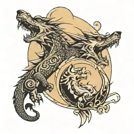 dragon and wolf howling at the moon tattoo design idea