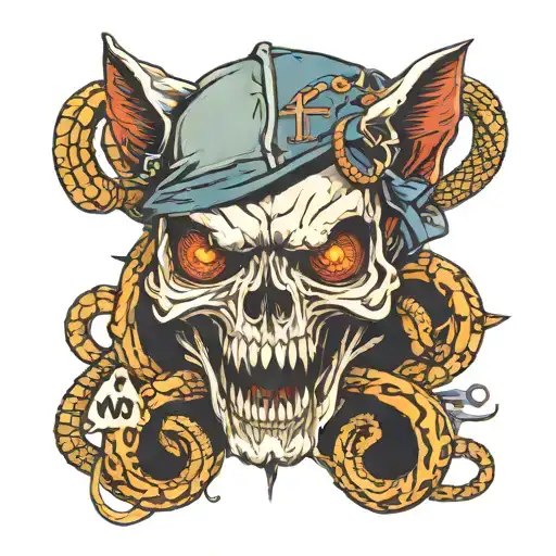  cat anatomy skull with only fangs. Behind the skull a big Rod of Asclepius with a snake and a V letter in front tattoo design idea