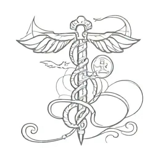 A detailed illustration of a caduceus with veterinary symbols like a paw print and a dermatology tool, representing your passion for both fields tattoo design idea