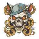  cat anatomy skull with only fangs. Behind the skull a big Rod of Asclepius with a snake and a V letter in front tattoo design idea