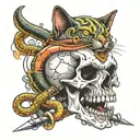  cat anatomy skull with only fangs. Behind the skull a big Rod of Asclepius with a snake and a V letter in front tattoo design idea