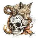  cat anatomy skull with only fangs. Behind the skull a big Rod of Asclepius with a snake and a V letter in front tattoo design idea