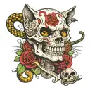  cat anatomy skull with only fangs. Behind the skull a big Rod of Asclepius with a snake and a V letter in front tattoo design idea