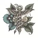 A detailed illustration of a caduceus with veterinary symbols like a paw print and a dermatology tool, representing your passion for both fields tattoo design idea