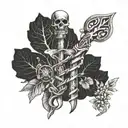 A detailed illustration of a caduceus with veterinary symbols like a paw print and a dermatology tool, representing your passion for both fields tattoo design idea