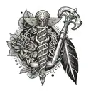 A detailed illustration of a caduceus with veterinary symbols like a paw print and a dermatology tool, representing your passion for both fields tattoo design idea