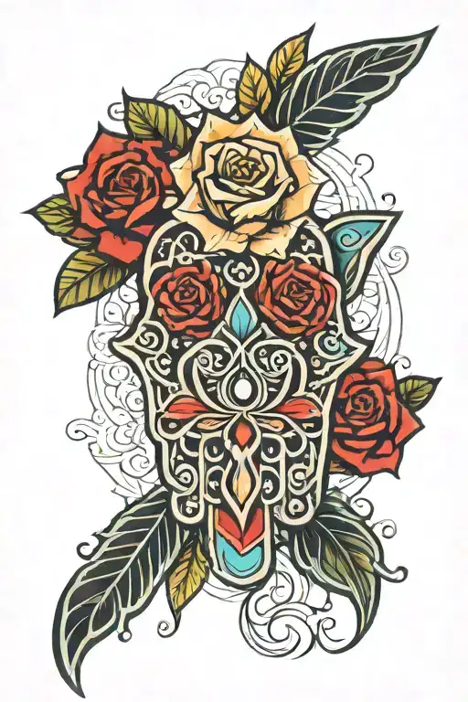 Amazing Hamsa hand holding a rose tattoo design idea